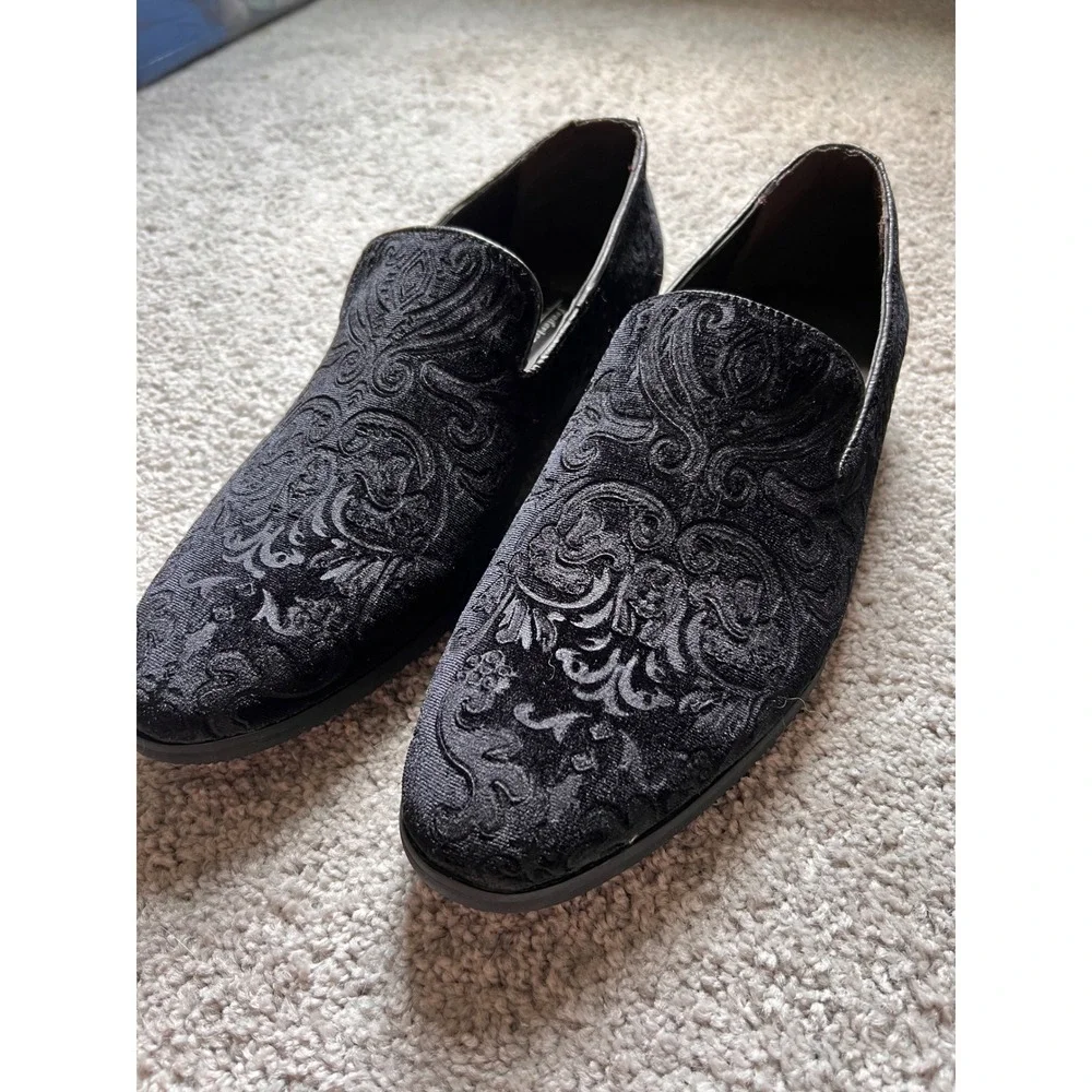 Frederico Leone Mens Black Velvet Paisley Damask Loafer Formal Shoes FS-650 10.5